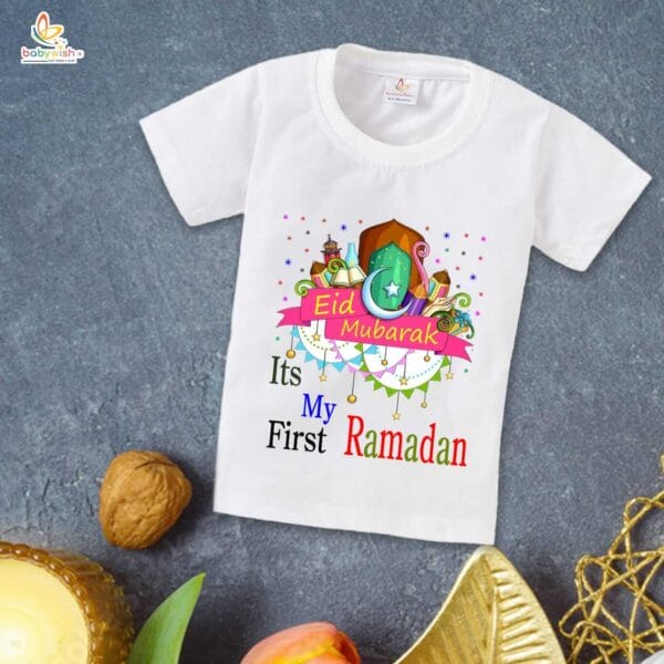 Eid T-shirt for Kids Unisex Ramadan Topwear Outfit Printed Half Sleeve Tshirt Dress for Boy n Girl " It's My First Ramadan " - Image 2