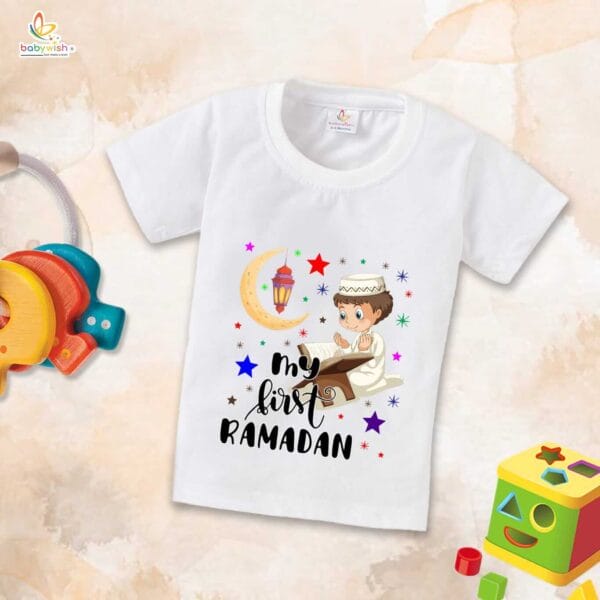 Eid T-shirt for Kids Unisex Ramadan Topwear Outfit Printed Half Sleeve Tshirt Dress for Boy n Girl " My First Ramadan Coloring Romper " - Image 2