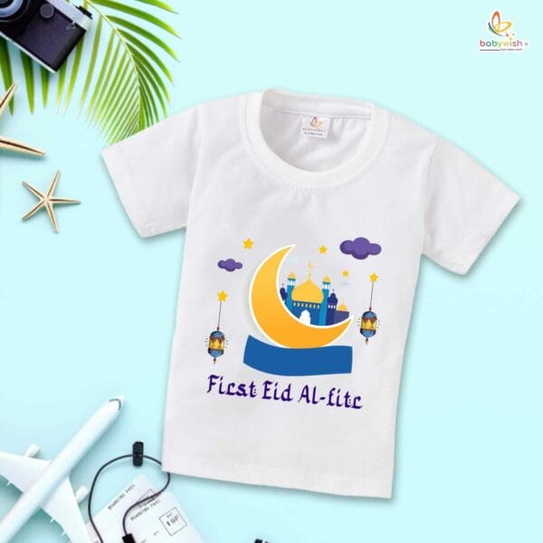 Eid T-shirt for Kids Unisex Ramadan Topwear Outfit Printed Half Sleeve Tshirt Dress for Boy n Girl " First Eid-Al-Adha " - Image 2