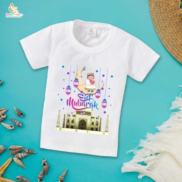 Eid T-shirt for Kids Unisex Ramadan Topwear Outfit Printed Half Sleeve Tshirt Dress for Boy n Girl " Eid Mubarak Taj Mahal Print " - Image 2