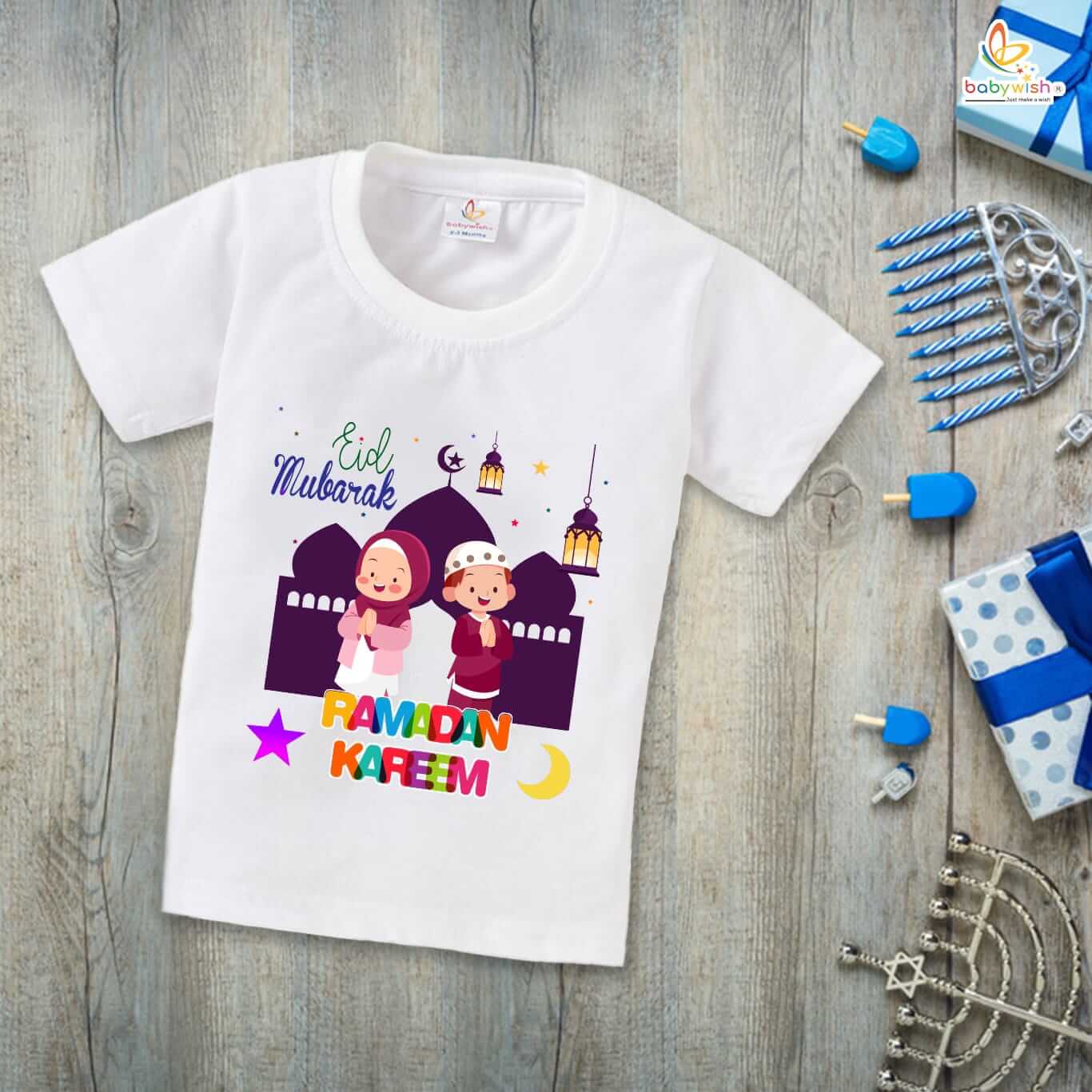 Eid T-shirt for Kids Unisex Ramadan Topwear Outfit Printed Half Sleeve Unisex Tshirt for Boy n Girl