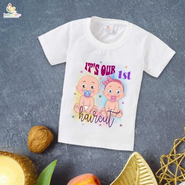 First Mundan ceremony T-shirt for Kids Clothes Unisex occasion mundan Topwear Outfit Half Sleeve for Boy n Girl | It's Our First Hair Cut Twins Printed | - Image 2