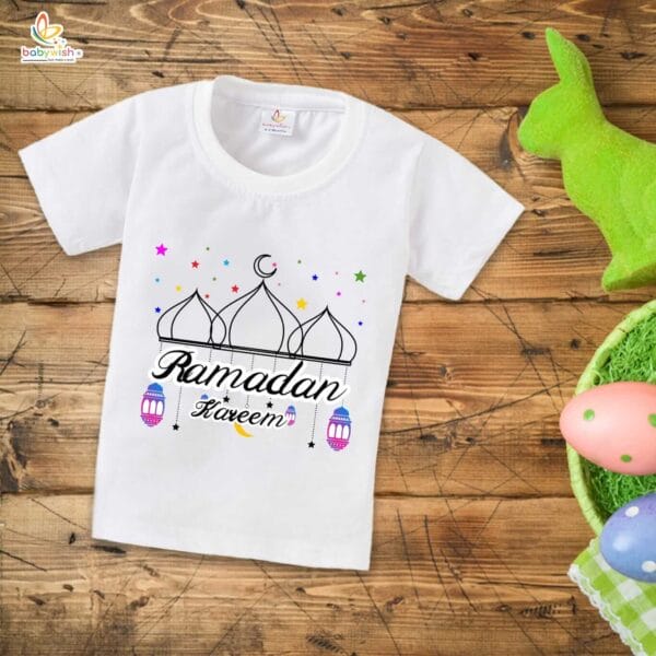 Eid T-shirt for Kids Unisex Ramadan Topwear Outfit Printed Half Sleeve Tshirt Dress for Boy n Girl "Ramadan Kareem Star Printed " - Image 2