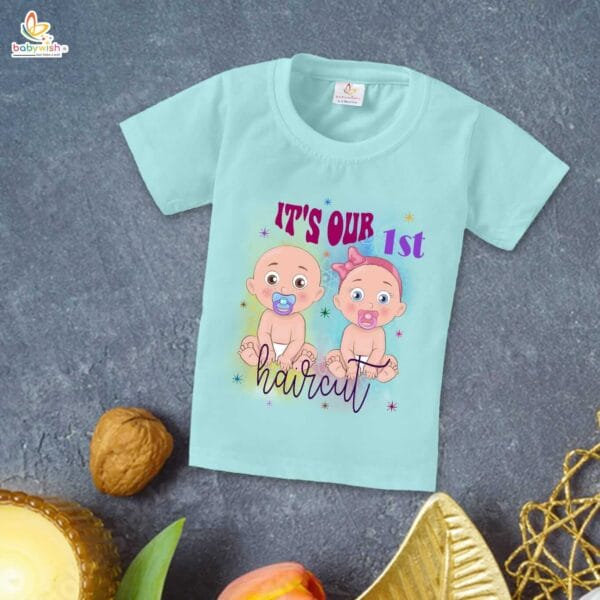 First Mundan ceremony T-shirt for Kids Clothes Unisex occasion mundan Topwear Outfit Half Sleeve for Boy n Girl | It's Our First Hair Cut Twins Printed | - Image 3