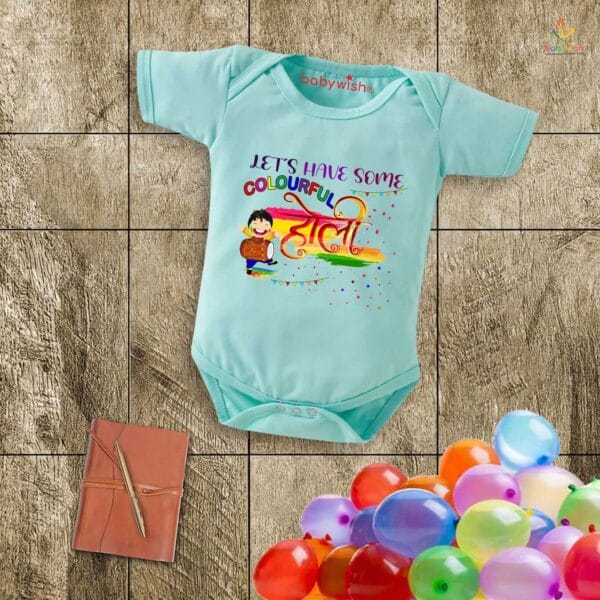 Baby First Holi Romper Clothes Baby holi festival Bodysuits Newborn Outfit Envelop Neck Half Sleeve Unisex Onesies "Let's Have Some Colorful Festival" - Image 4