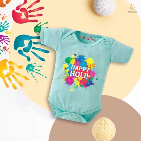 Baby First Holi Romper Clothes Baby holi festival Bodysuits Newborn Outfit Envelop Neck Half Sleeve Unisex Onesies "Multicolor Holi Print Celebration" - Image 4