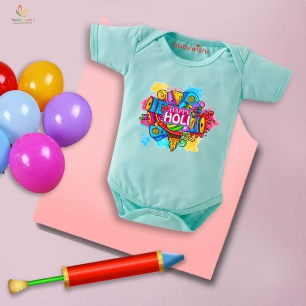 Baby First Holi Romper Clothes Baby holi festival Bodysuits Newborn Outfit Envelop Neck Half Sleeve Unisex Onesies "Music in Holi" - Image 4