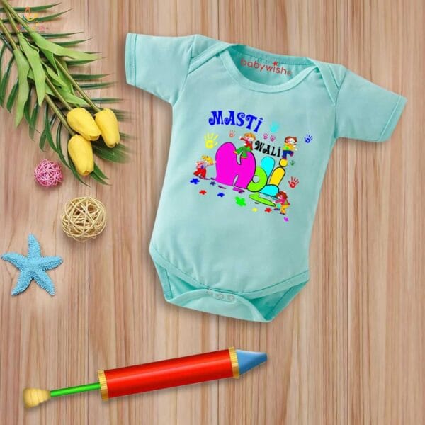 Baby First Holi Romper Clothes Baby holi festival Bodysuits Newborn Outfit Envelop Neck Half Sleeve Unisex Onesies "Masti Wali Holi" - Image 4