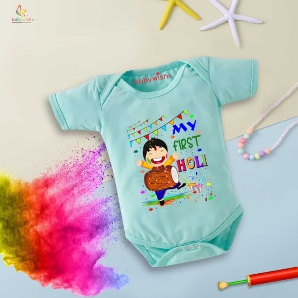 Baby First Holi Romper Clothes Baby holi festival Bodysuits Newborn Outfit Envelop Neck Half Sleeve Unisex Onesies "My First Holi with Music" - Image 4