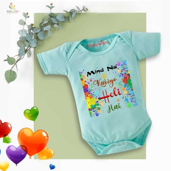 Baby First Holi Romper Clothes Baby holi festival Bodysuits Newborn Outfit Envelop Neck Half Sleeve Unisex Onesies "Mind Na Kariyo Holi Hai" - Image 4