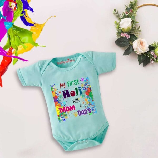 Baby First Holi Romper Clothes Baby holi festival Bodysuits Newborn Outfit Envelop Neck Half Sleeve Unisex Onesies "Holi With Mom & Dad" - Image 4