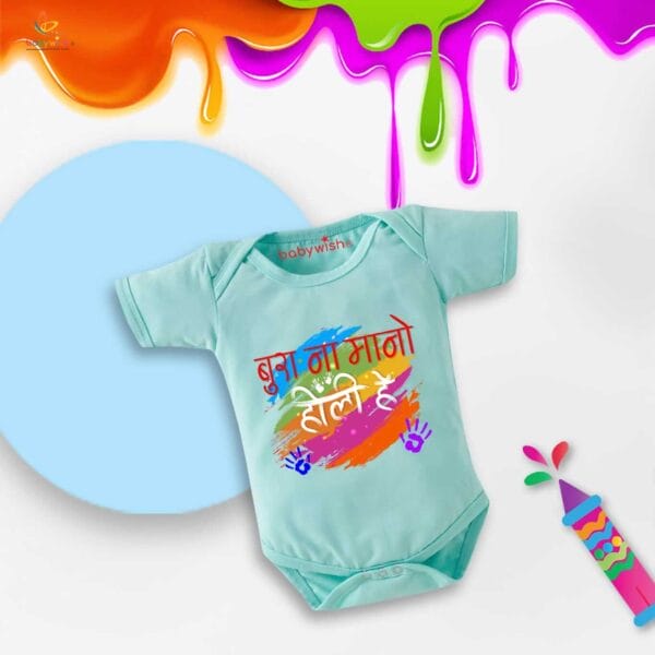 Baby First Holi Romper Clothes Baby holi festival Bodysuits Newborn Outfit Envelop Neck Half Sleeve Unisex Onesies "Bura Na Mano Holi me" - Image 4
