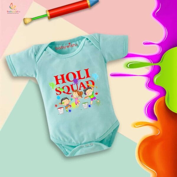 Baby First Holi Romper Clothes Baby holi festival Bodysuits Newborn Outfit Envelop Neck Half Sleeve Unisex Onesies "Holi Squad Playing holi" - Image 4