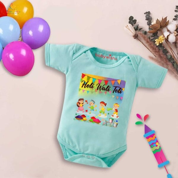 Baby First Holi Romper Clothes Baby holi festival Bodysuits Newborn Outfit Envelop Neck Half Sleeve Unisex Onesies "Holi wali toli" - Image 4
