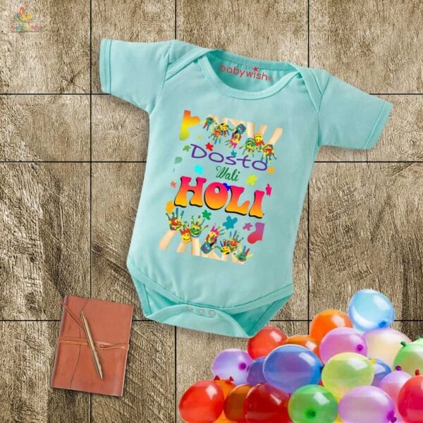 Baby First Holi Romper Clothes Baby holi festival Bodysuits Newborn Outfit Envelop Neck Half Sleeve Unisex Onesies "Friendship Holi Festivals" - Image 4