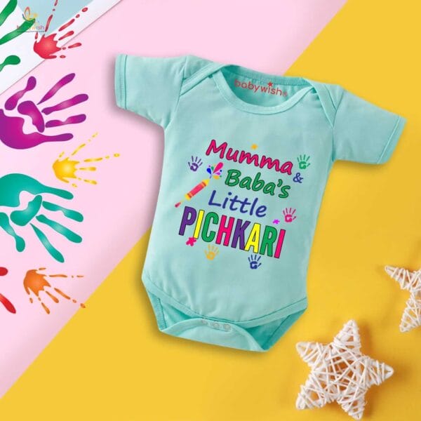 Baby First Holi Romper Clothes Baby holi festival Bodysuits Newborn Outfit Envelop Neck Half Sleeve Unisex Onesies "Baba's Pichkari" - Image 4