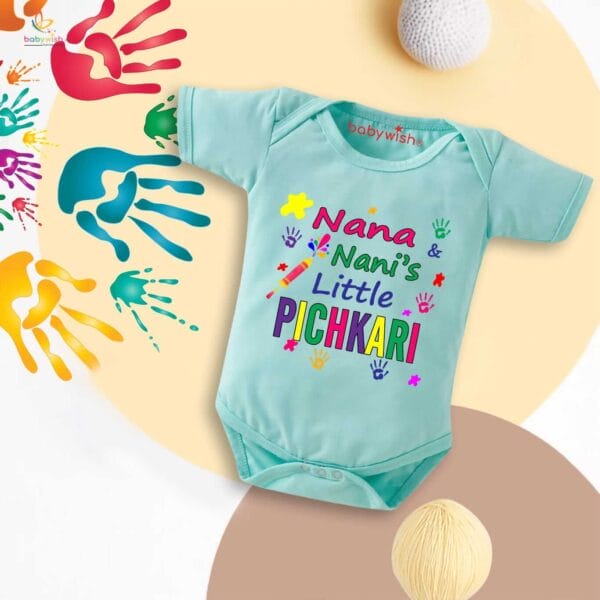 Baby First Holi Romper Clothes Baby holi festival Bodysuits Newborn Outfit Envelop Neck Half Sleeve Unisex Onesies "Nana's Nani Little Pichkari" - Image 4