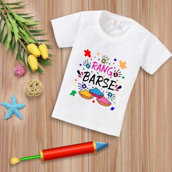 Holi T-shirt for Kids Unisex Holi Topwear Outfit Printed Half Sleeve Tshirt Dress for Boy n Girl "Rang Barse Holi Print" - Image 4