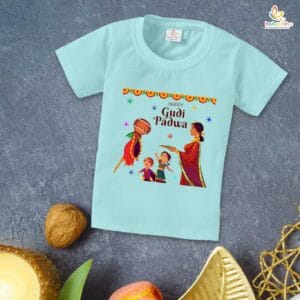 Gudi Padwa T-shirt for Kids Unisex Gudi Padwa Topwear Outfit Printed Half Sleeve Tshirt Dress for Boy n Girl "Happy Gudi Padwa