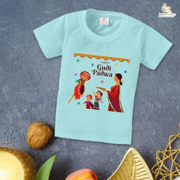 Gudi Padwa T-shirt for Kids Unisex Gudi Padwa Topwear Outfit Printed Half Sleeve Tshirt Dress for Boy n Girl "Happy Gudi Padwa