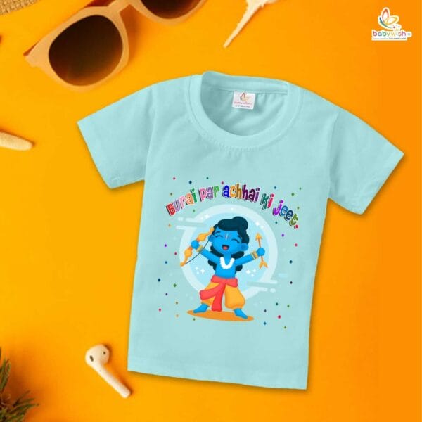 Ram Navmi T-shirt for Kids Unisex Navratri Topwear Outfit Printed Half Sleeve Tshirt Dress for Boy n Girl " Burai par achhai ki Jeet " - Image 2
