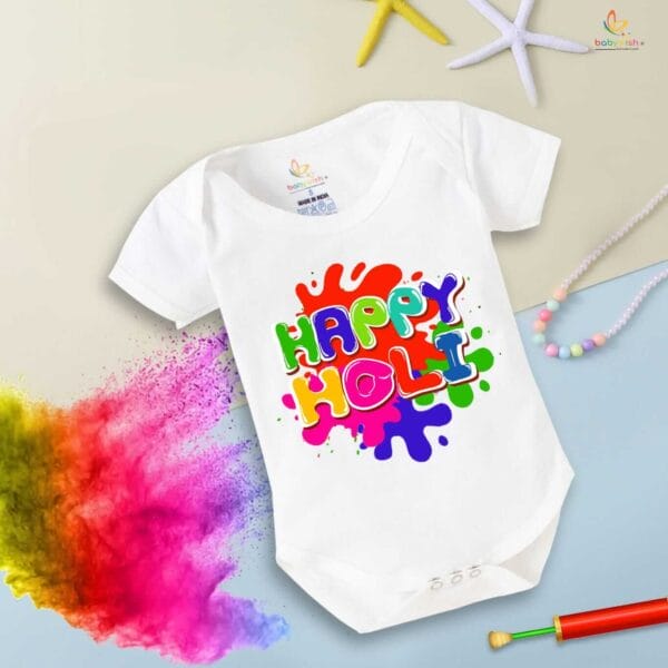 Baby First Holi Romper Clothes Baby holi festival Bodysuits Newborn Outfit Envelop Neck Half Sleeve Unisex Onesies "Colorful Holi" - Image 5