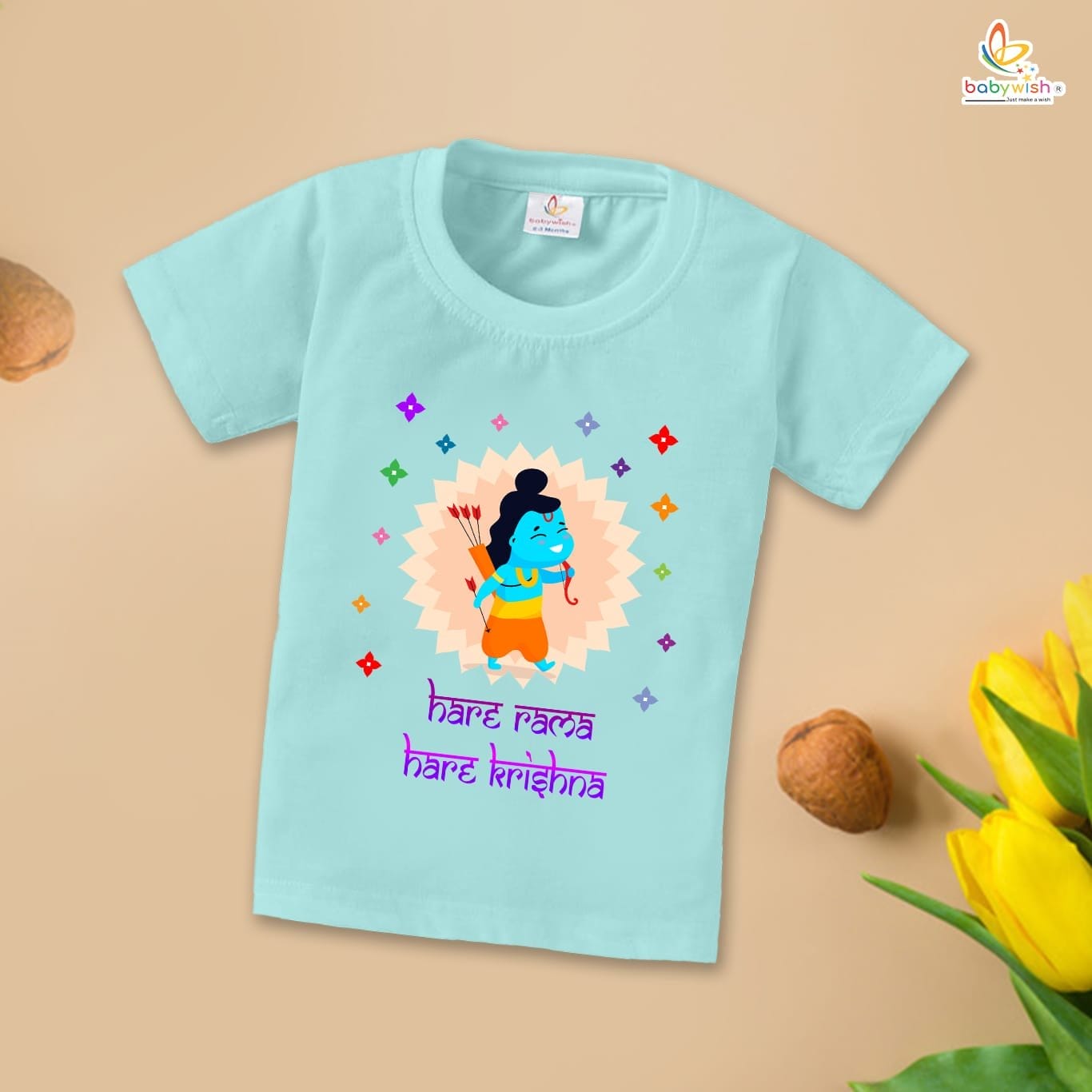Ram Navmi T-shirt for Kids Unisex Navratri Topwear Outfit Printed Half Sleeve Tshirt Dress for Boy n Girl " Hare Rama Hare Krishna "