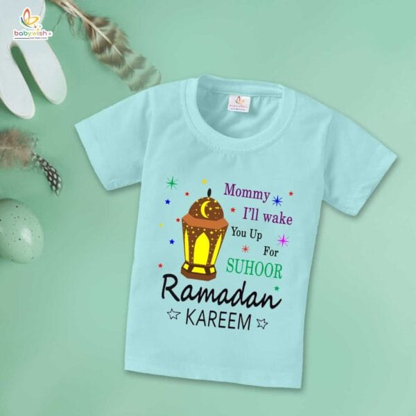 Eid T-shirt for Kids Unisex Ramadan Topwear Outfit Printed Half Sleeve Tshirt Dress for Boy n Girl " Mommy I'll Wake You up for Suhoor " - Image 3