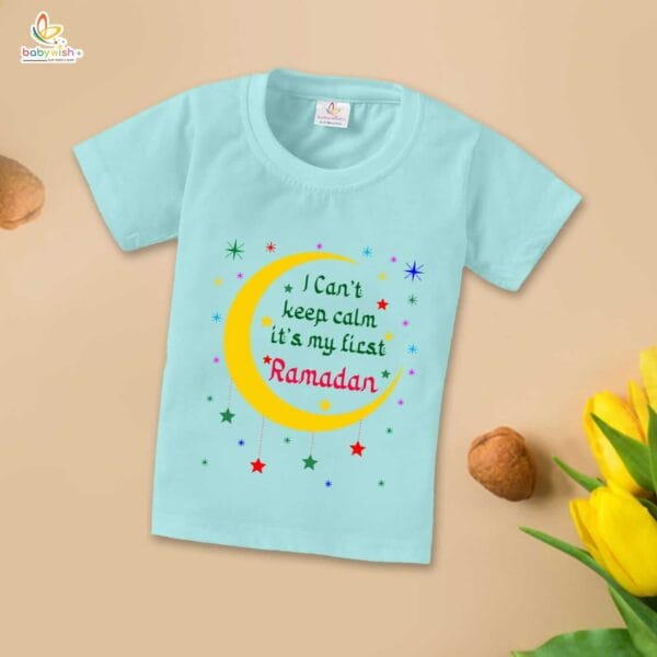 Eid T-shirt for Kids Unisex Ramadan Topwear Outfit Printed Half Sleeve Tshirt Dress for Boy n Girl " I Can't Keep Calm It's Ramdan " - Image 3