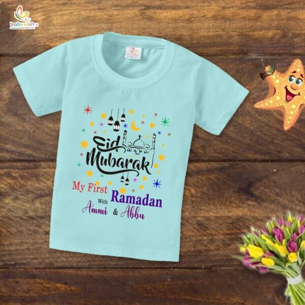 Eid T-shirt for Kids Unisex Ramadan Topwear Outfit Printed Half Sleeve Tshirt Dress for Boy n Girl " Ramadan with Ammi Abbu " - Image 3