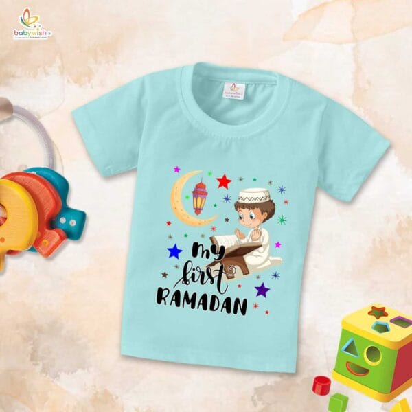 Eid T-shirt for Kids Unisex Ramadan Topwear Outfit Printed Half Sleeve Tshirt Dress for Boy n Girl " My First Ramadan Coloring Romper " - Image 3
