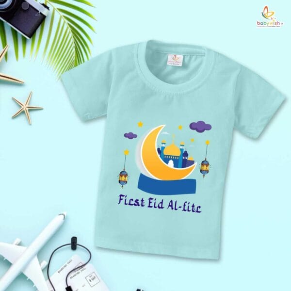 Eid T-shirt for Kids Unisex Ramadan Topwear Outfit Printed Half Sleeve Tshirt Dress for Boy n Girl " First Eid-Al-Adha " - Image 3