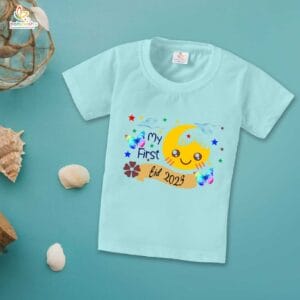 Eid T-shirt for Kids Unisex Ramadan Topwear Outfit Printed Half Sleeve Tshirt Dress for Boy n Girl " First Eid Festivals in 2023 "