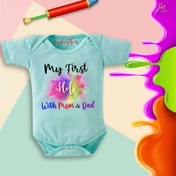 Baby First Holi Romper Clothes Baby holi festival Bodysuits Newborn Outfit Envelop Neck Half Sleeve Unisex Onesies "My First Holi With Mom & Dad" - Image 4