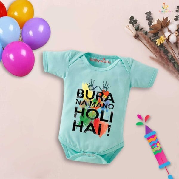 Baby First Holi Romper Clothes Baby holi festival Bodysuits Newborn Outfit Envelop Neck Half Sleeve Unisex Onesies "Bura Na Mano Holi Hai" - Image 4