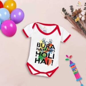 Baby First Holi Romper Clothes Baby holi festival Bodysuits Newborn Outfit Envelop Neck Half Sleeve Unisex Onesies "Bura Na Mano Holi Hai"