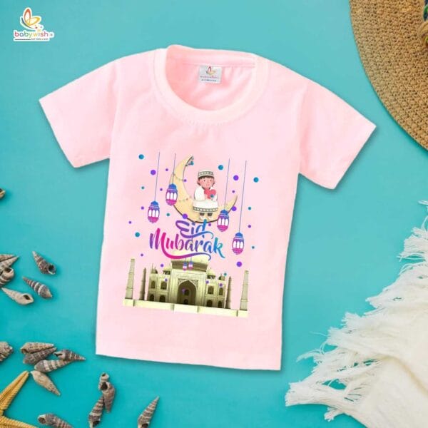 Eid T-shirt for Kids Unisex Ramadan Topwear Outfit Printed Half Sleeve Tshirt Dress for Boy n Girl " Eid Mubarak Taj Mahal Print " - Image 3