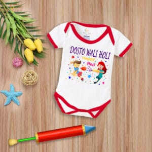 Baby First Holi Romper Clothes Baby holi festival Bodysuits Newborn Outfit Envelop Neck Half Sleeve Unisex Onesies "Dosto Wali Holi Festival"