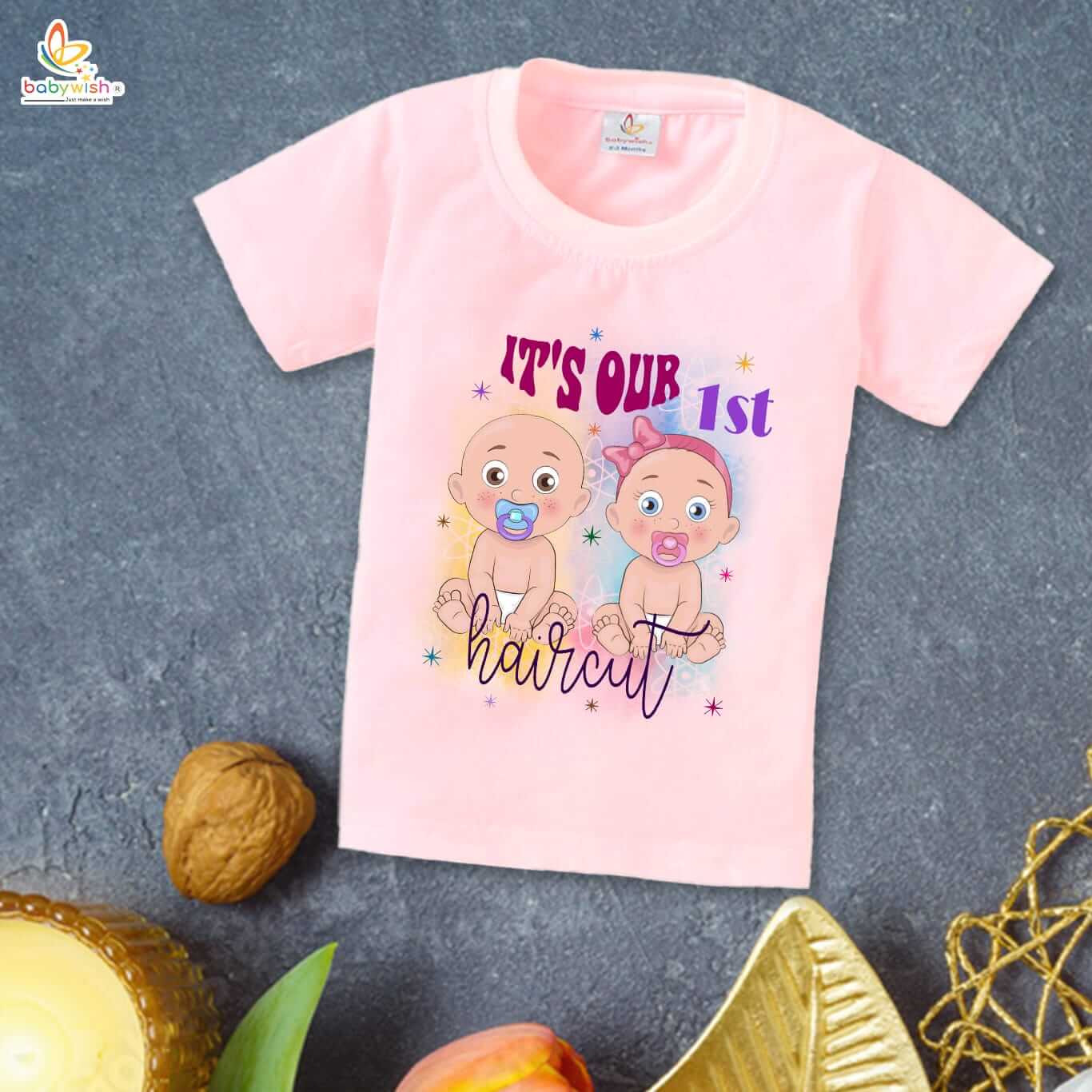First Mundan ceremony T-shirt for Kids Clothes Unisex occasion mundan Topwear Outfit Half Sleeve for Boy n Girl | It's Our First Hair Cut Twins Printed |