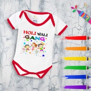 Baby First Holi Romper Clothes Baby holi festival Bodysuits Newborn Outfit Envelop Neck Half Sleeve Unisex Onesies "Holi Wali Gang"