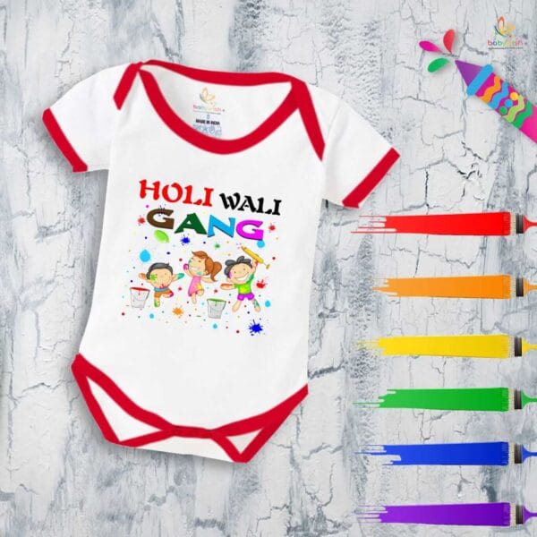 Baby First Holi Romper Clothes Baby holi festival Bodysuits Newborn Outfit Envelop Neck Half Sleeve Unisex Onesies "Holi Wali Gang"