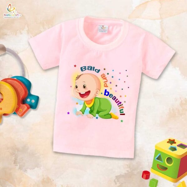 First Mundan ceremony T-shirt for Kids Clothes Unisex occasion mundan Topwear Outfit Half Sleeve for Boy n Girl | Bald And Beautiful | - Image 3