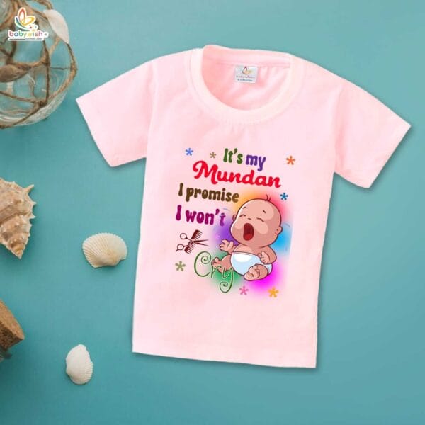 First Mundan ceremony T-shirt for Kids Clothes Unisex occasion mundan Topwear Outfit Half Sleeve for Boy n Girl | It's my Mundan I promise I Won't Cry | - Image 3