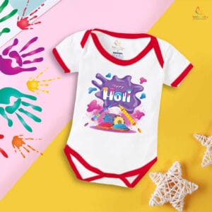 Baby First Holi Romper Clothes Baby holi festival Bodysuits Newborn Outfit Envelop Neck Half Sleeve Unisex Onesies "Flying Holi Color"