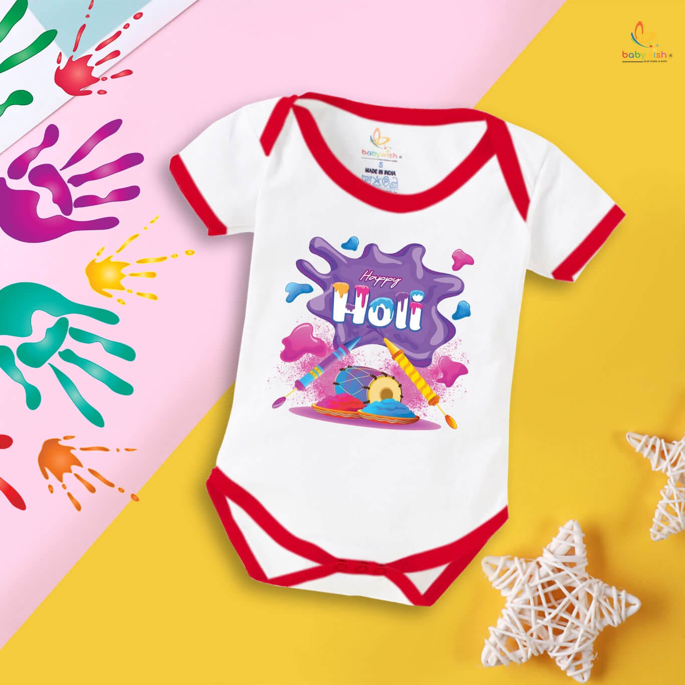 Baby First Holi Romper Clothes Baby holi festival Bodysuits Newborn Outfit Envelop Neck Half Sleeve Unisex Onesies "Flying Holi Color"
