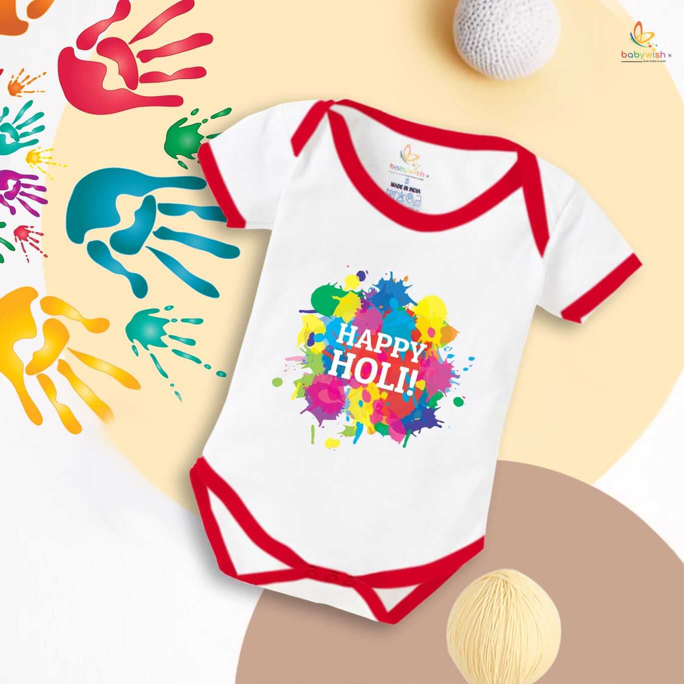 Baby First Holi Romper Clothes Baby holi festival Bodysuits Newborn Outfit Envelop Neck Half Sleeve Unisex Onesies "Multicolor Holi Print Celebration"