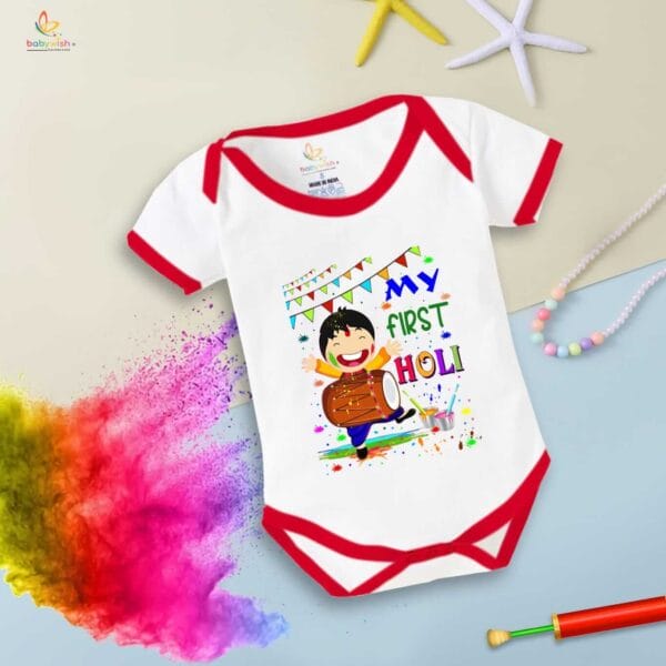 Baby First Holi Romper Clothes Baby holi festival Bodysuits Newborn Outfit Envelop Neck Half Sleeve Unisex Onesies "My First Holi with Music" - Image 2