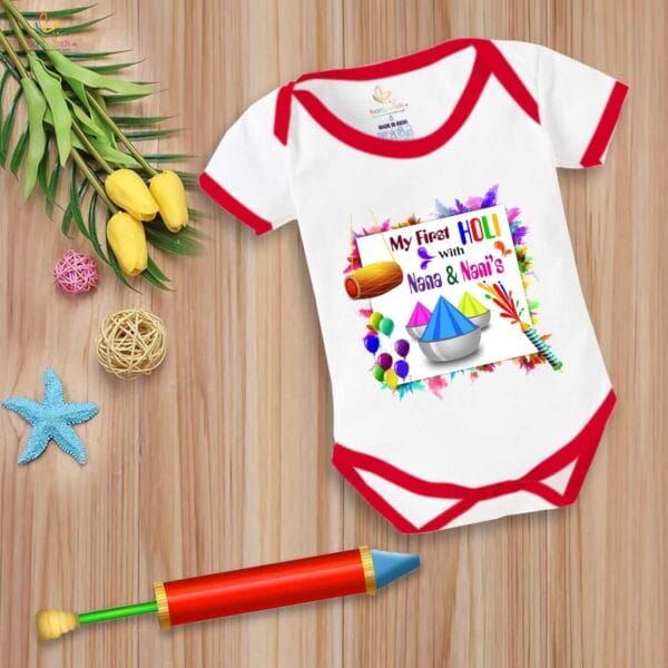 Baby First Holi Romper Clothes Baby holi festival Bodysuits Newborn Outfit Envelop Neck Half Sleeve Unisex Onesies "Holi With Nani & Nana" - Image 2