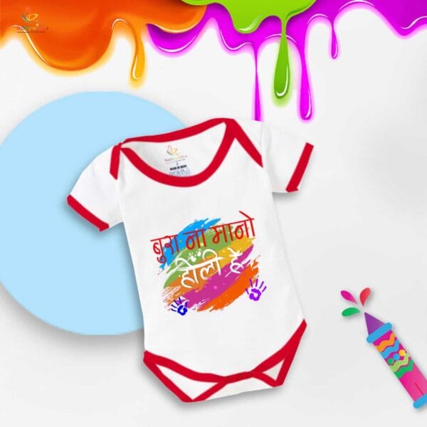 Baby First Holi Romper Clothes Baby holi festival Bodysuits Newborn Outfit Envelop Neck Half Sleeve Unisex Onesies "Bura Na Mano Holi me" - Image 2