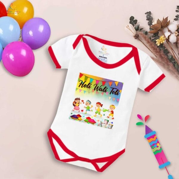Baby First Holi Romper Clothes Baby holi festival Bodysuits Newborn Outfit Envelop Neck Half Sleeve Unisex Onesies "Holi wali toli" - Image 2